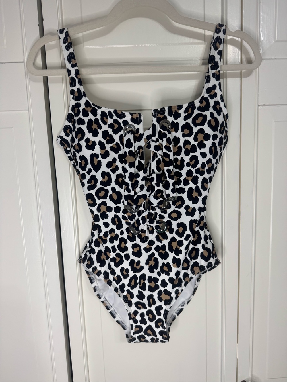 Michael Kors Leopard-Print One-Piece Swimsuit in White, Black & Tan